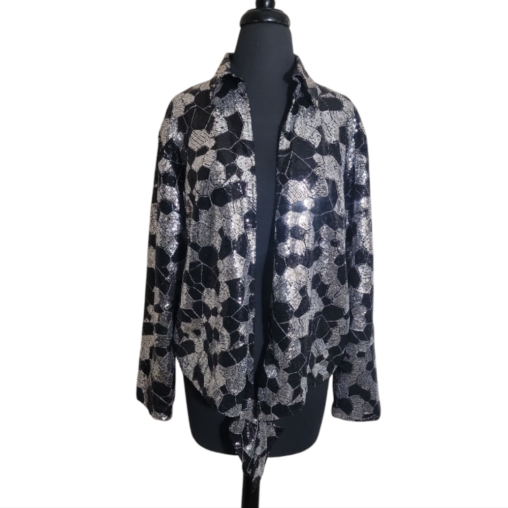 Chico’s silver blacktwilight dazzle sequin tie front jacket women's size 3(US L)
